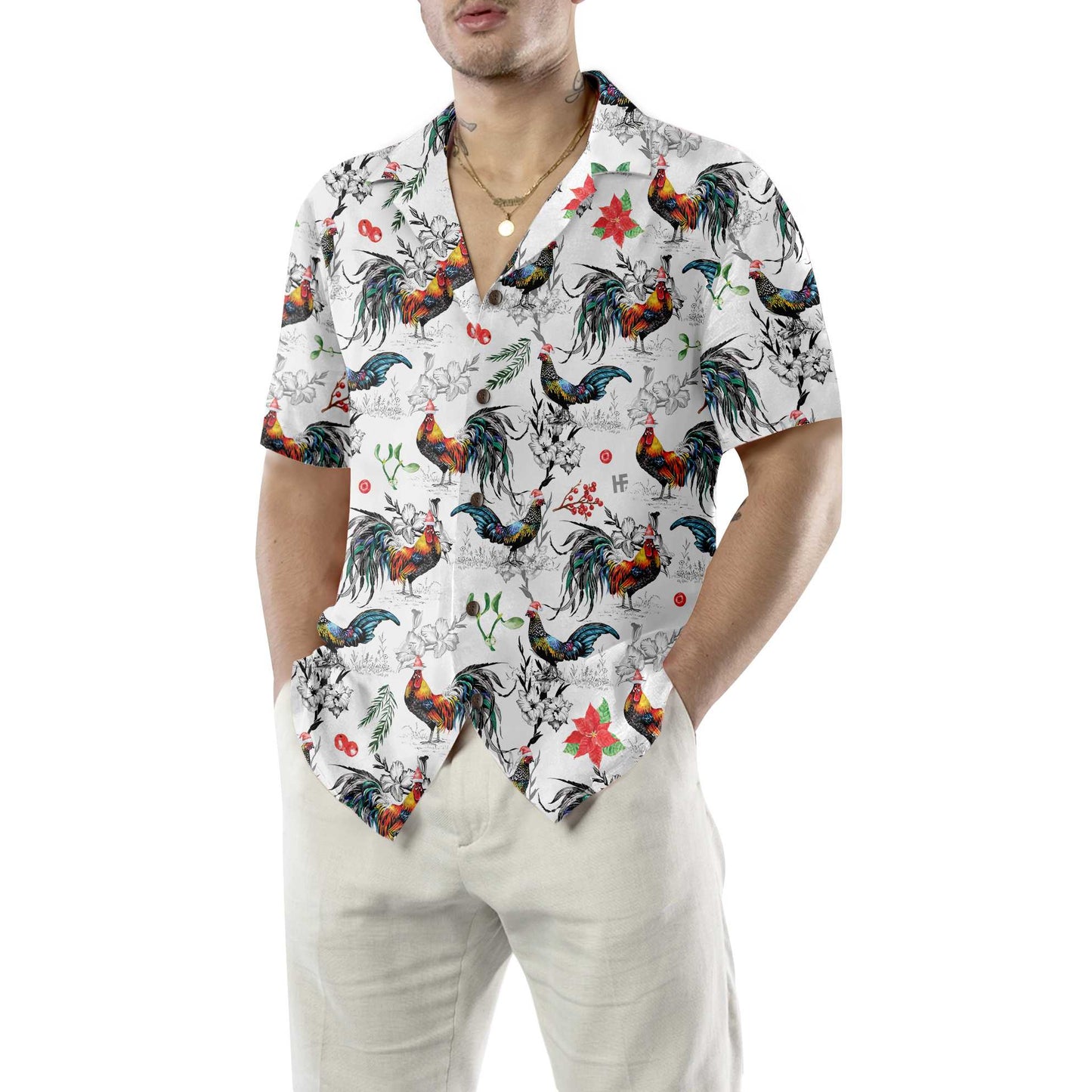 WW | Weihnachts-Chicken mit Weihnachtsstern-Hawaiian-Shirt, tropisches Weihnachtsshirt für Männer