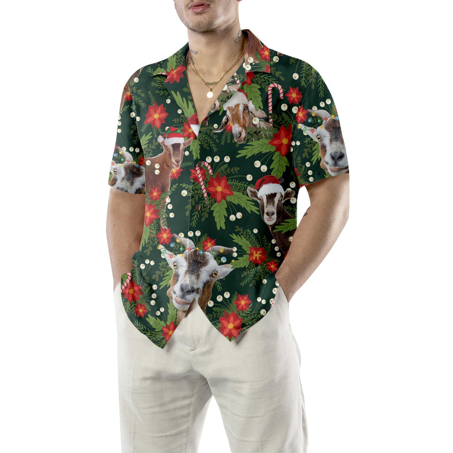 WW | Weihnachtsziege mit Weihnachtsstern Hawaii-Hemd, Lustiges Weihnachtsziege Hemd