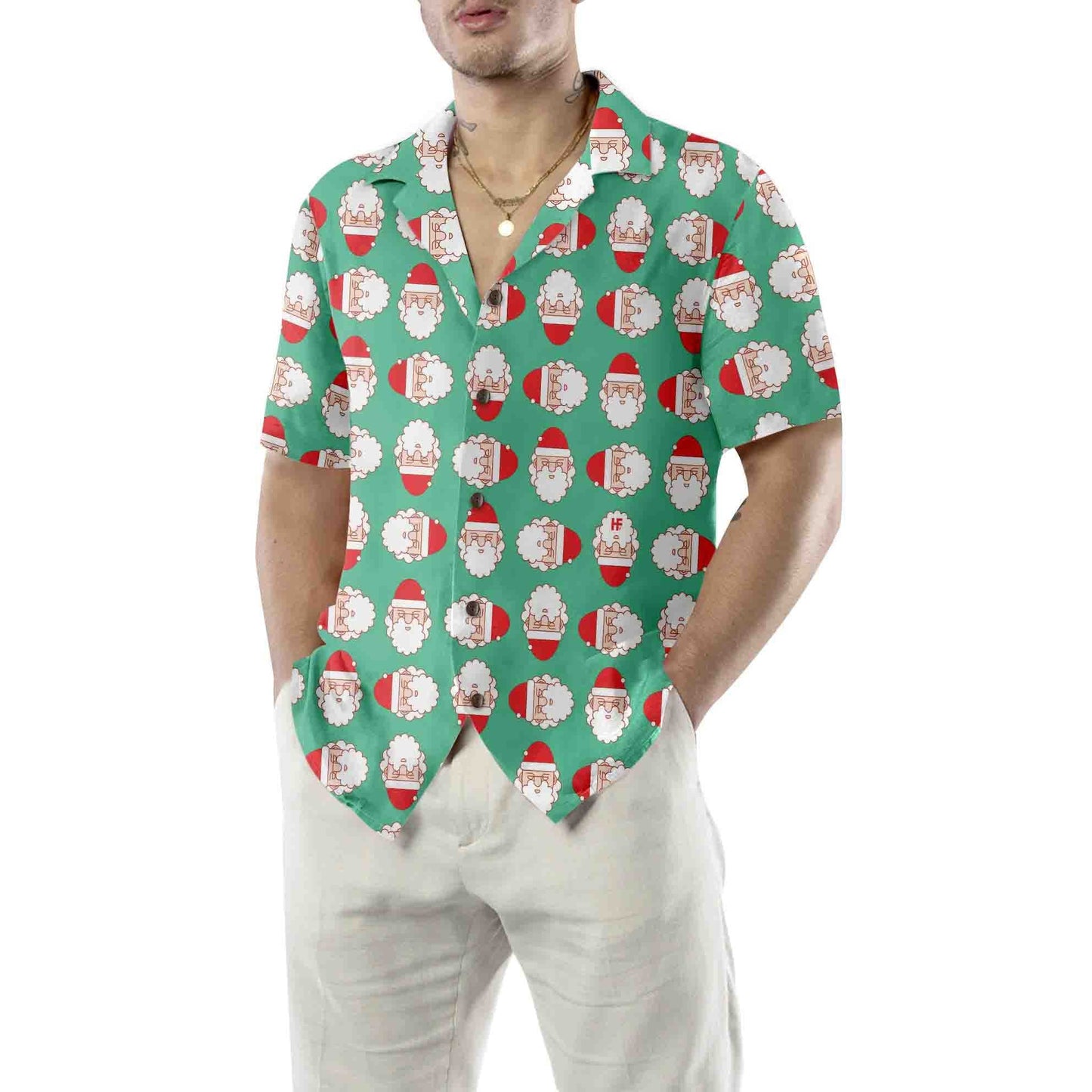WW | Santa Claus Face Seamless Pattern Hawaiian Shirt, Funny Christmas Hawaiian Shirt