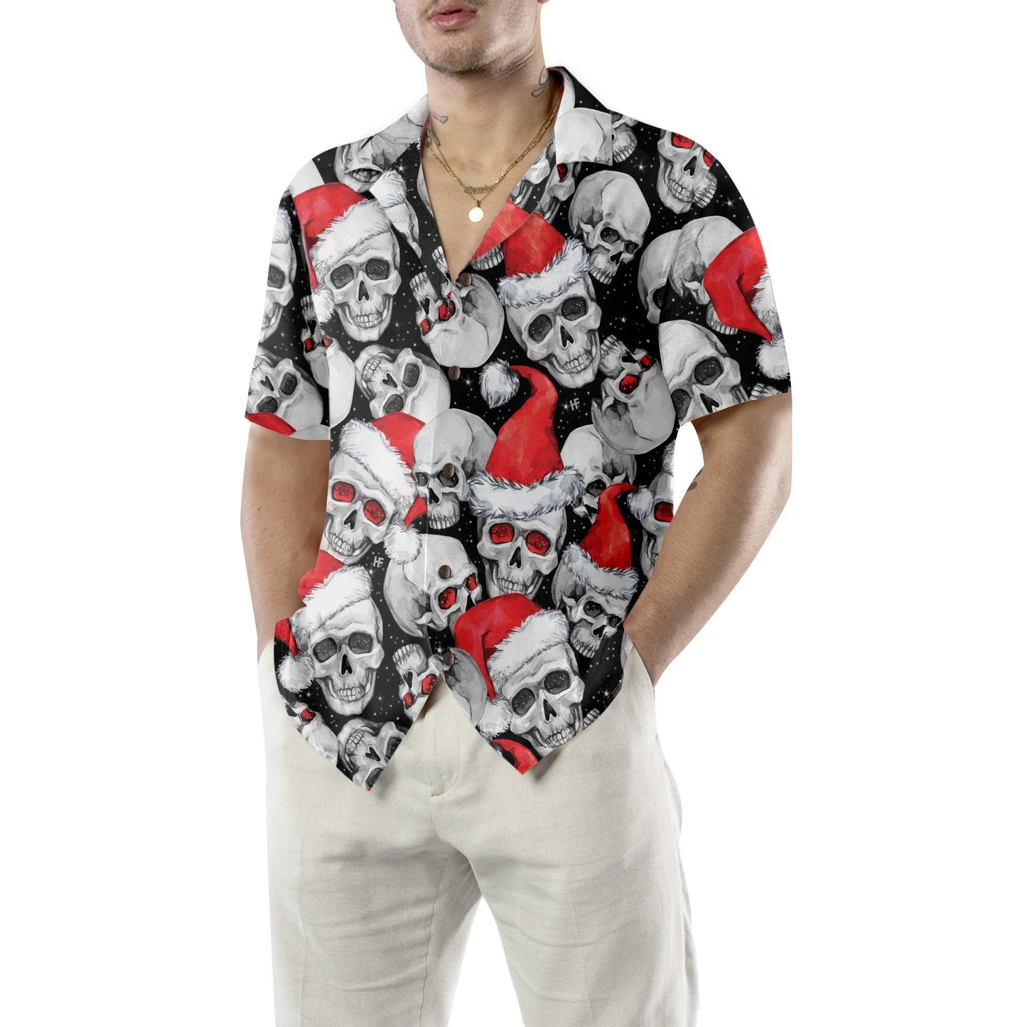 WW | Weihnachtsmann Schädel Hawaiian Shirt, Weihnachts Schädel Shirt, einzigartiges Weihnachtsgeschenk