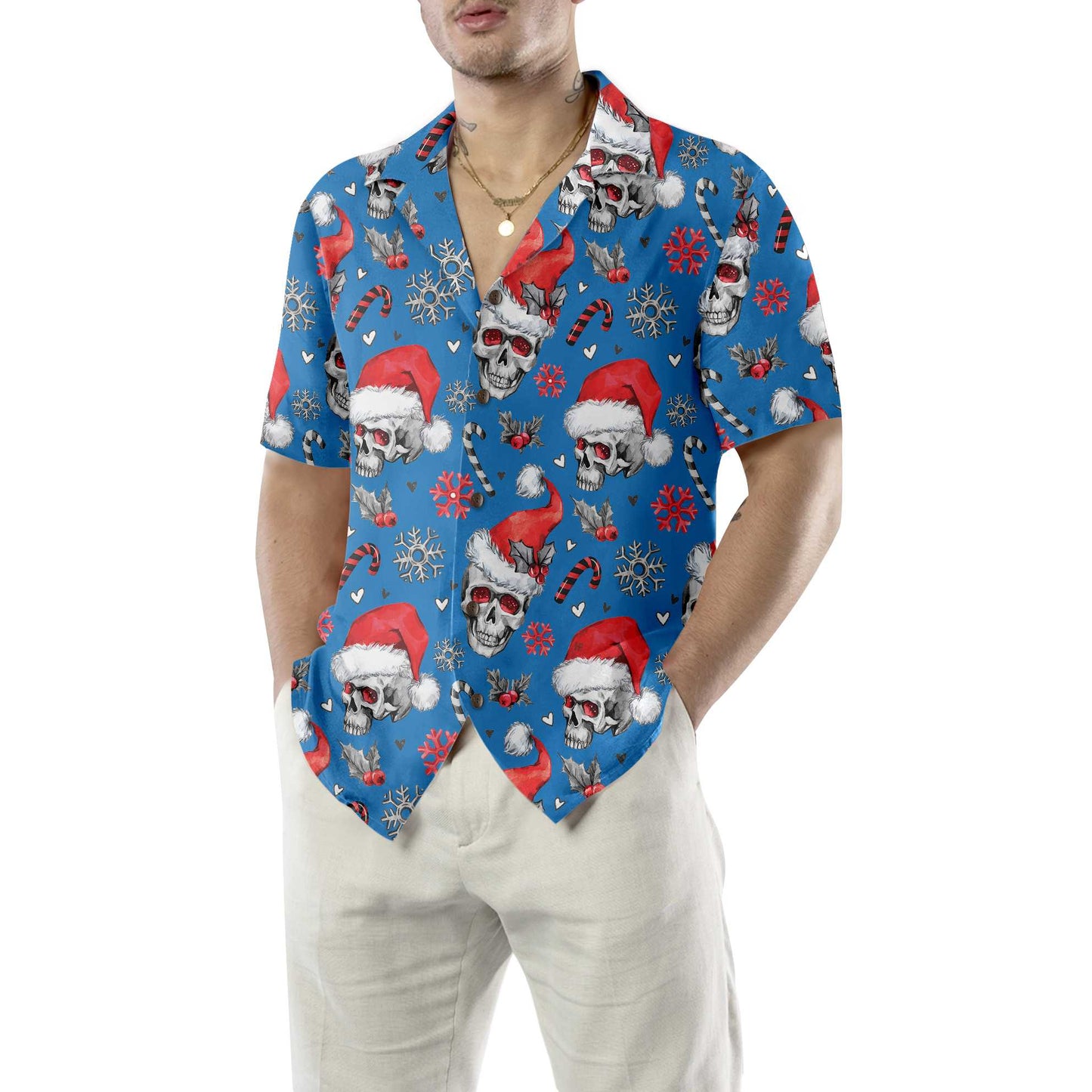 WW | Weihnachts-Schädel mit Zuckerstangen Blaue Version Weihnachts-Hawaiianhemd, Schädel Weihnachts-Hawaiianhemd für Männer