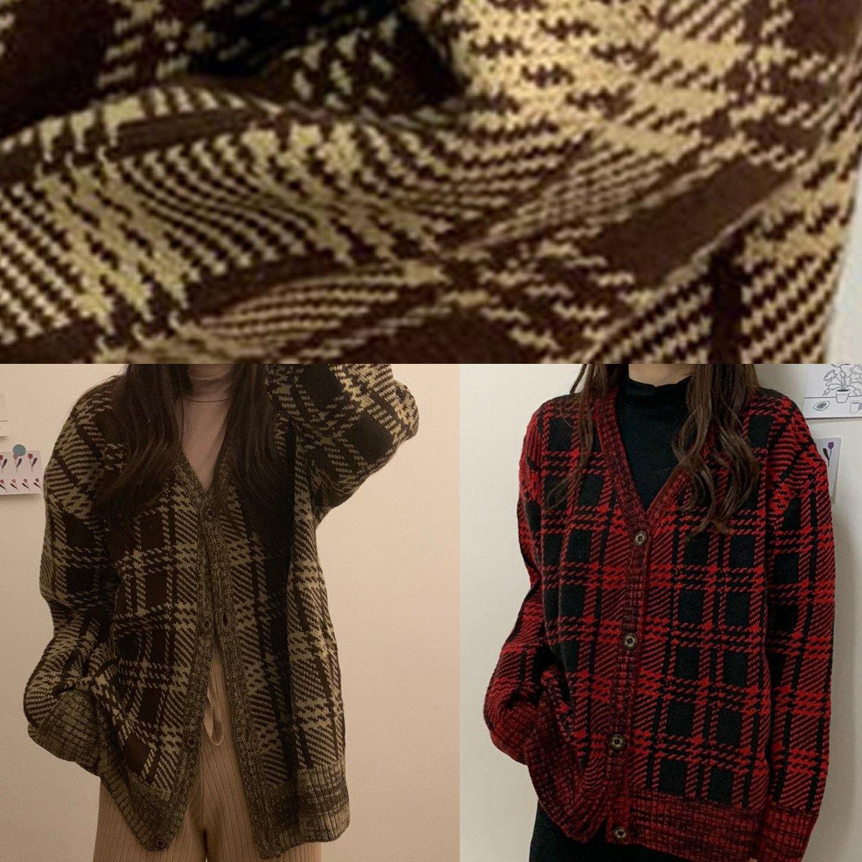 WW | Red Plaid Cardigan Sweaters Loose Winter Knit Sweat-Tops V-Neck