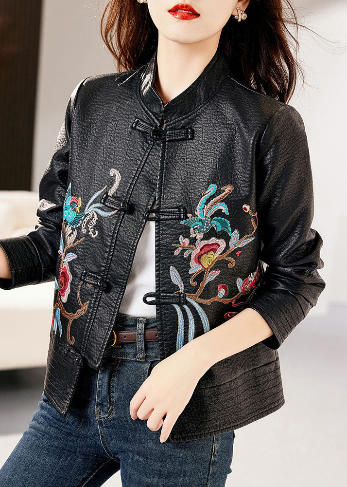 WW | Black Stand Collar Embroidered Floral Faux Leather Coats Long Sleeves