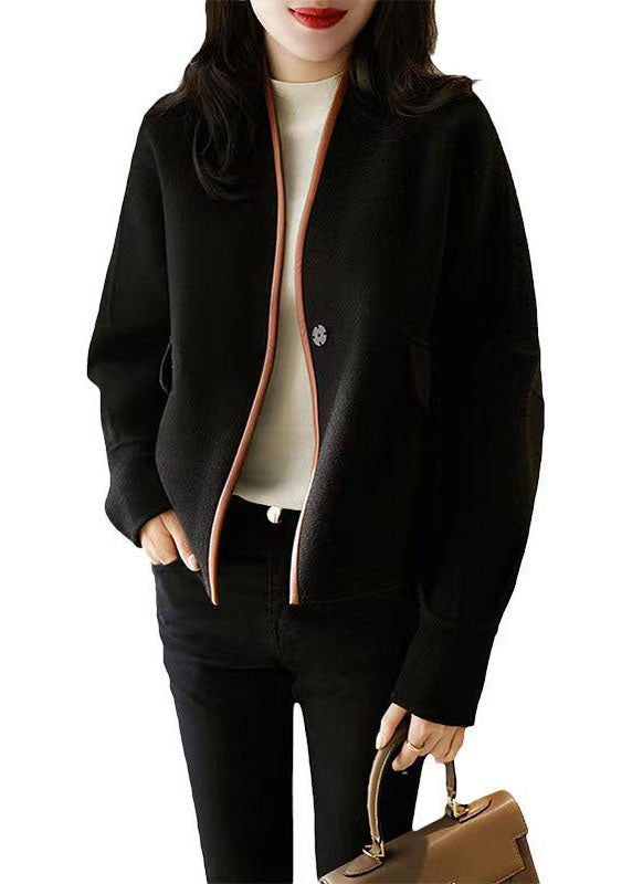 WW | Black V-neck Patchwork Mixed Button Coat