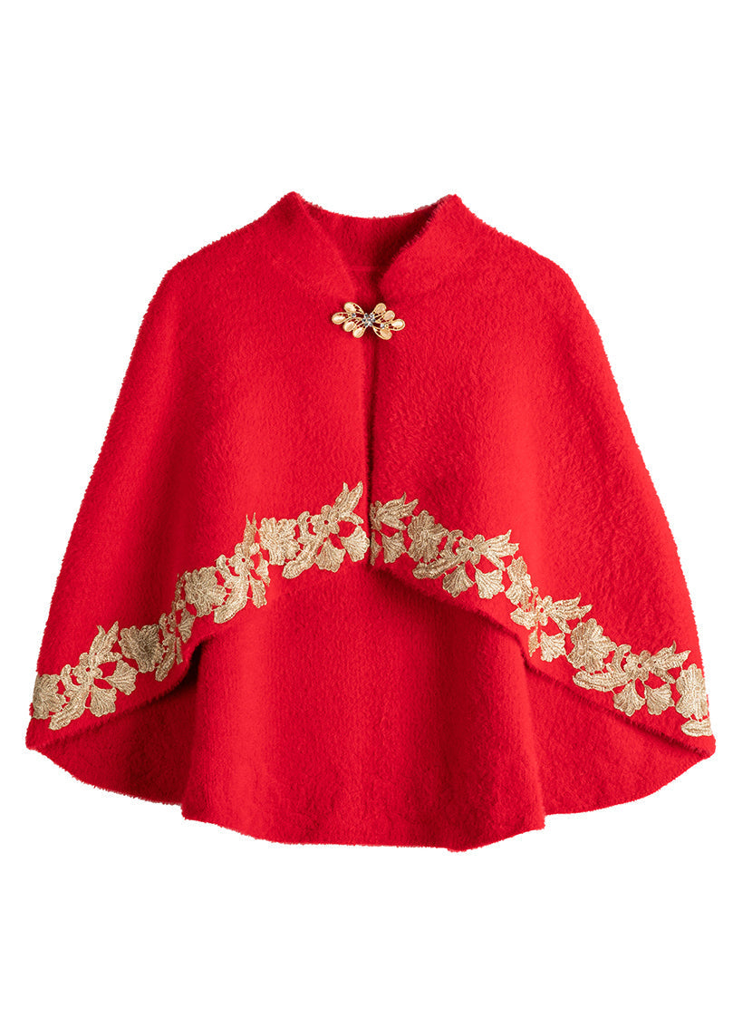 WW | Red Stand-up Collar Embroidered Patchwork Mink Velvet Coats
