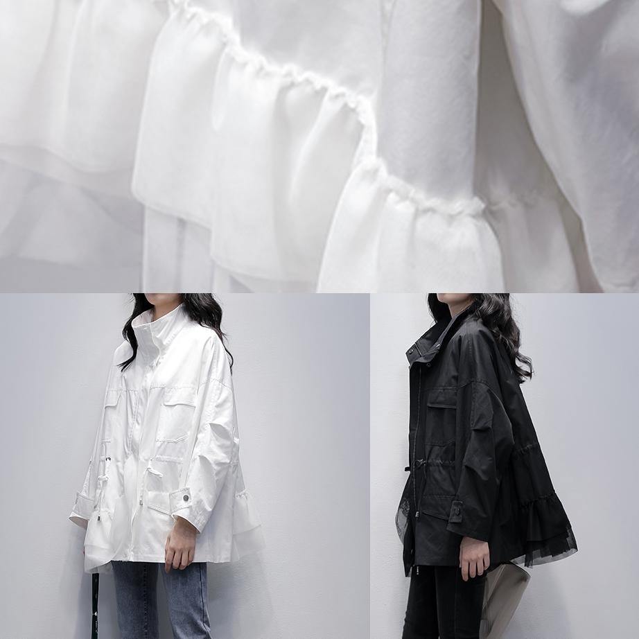 WW | Stand-Up Collar Fashion Outerwear Khaki Patchwork Tulle Loose Coats