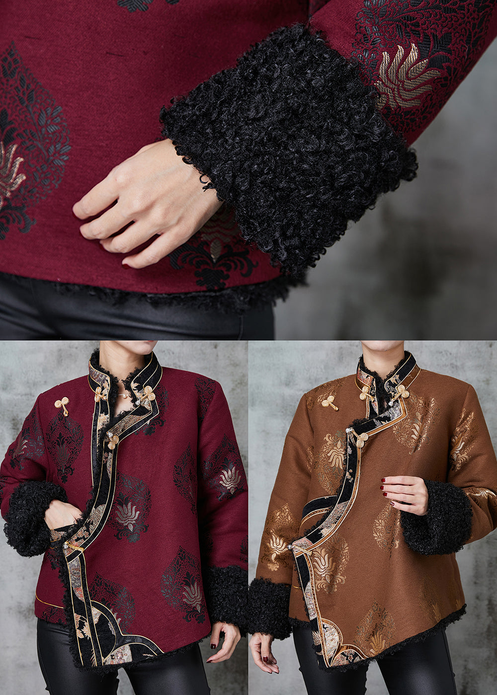WW | Jacquard Warm Fleece Coats Chinese Button