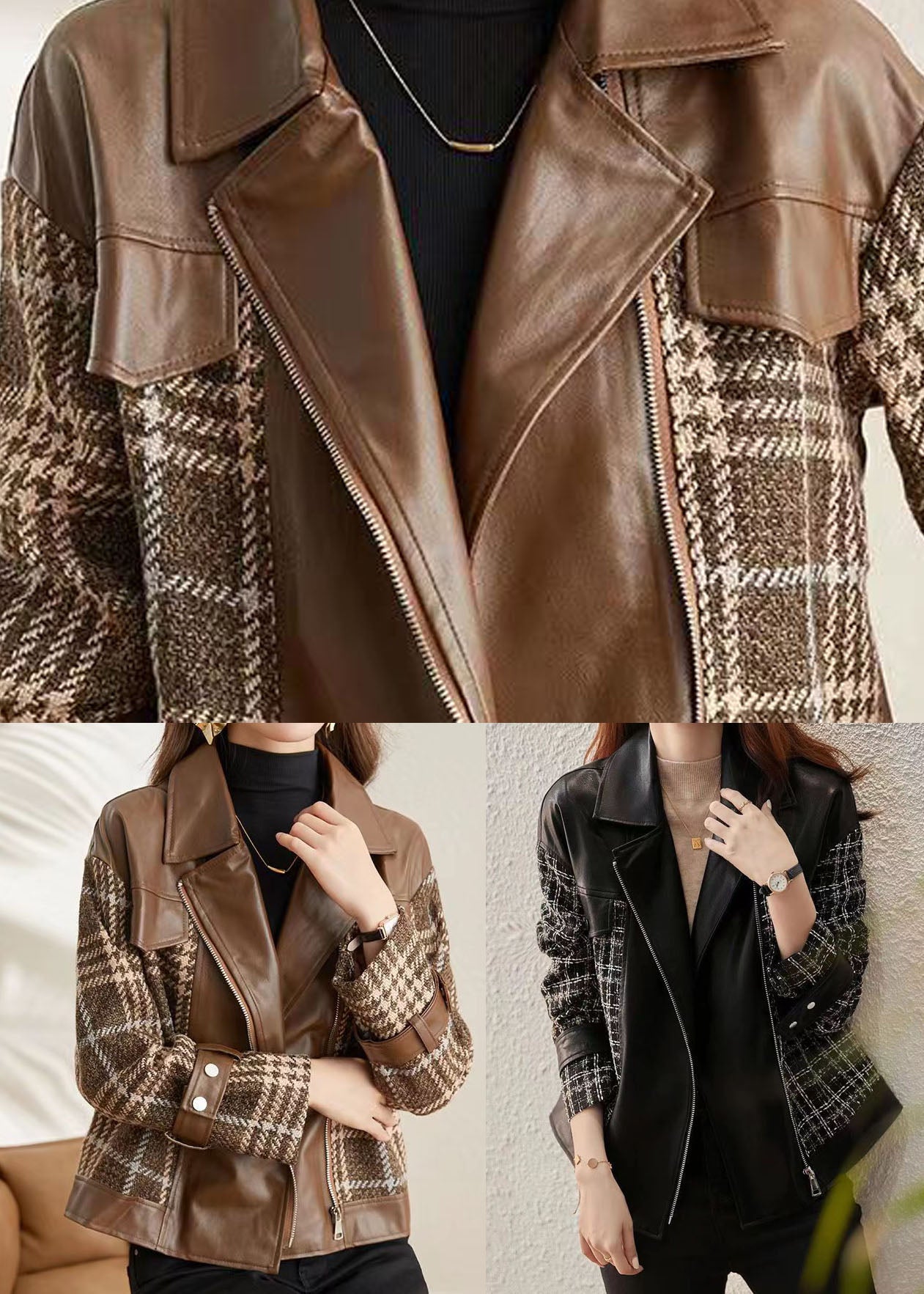 WW | Patchwork Faux Leather Jackets Peter Pan Collar With Zipper