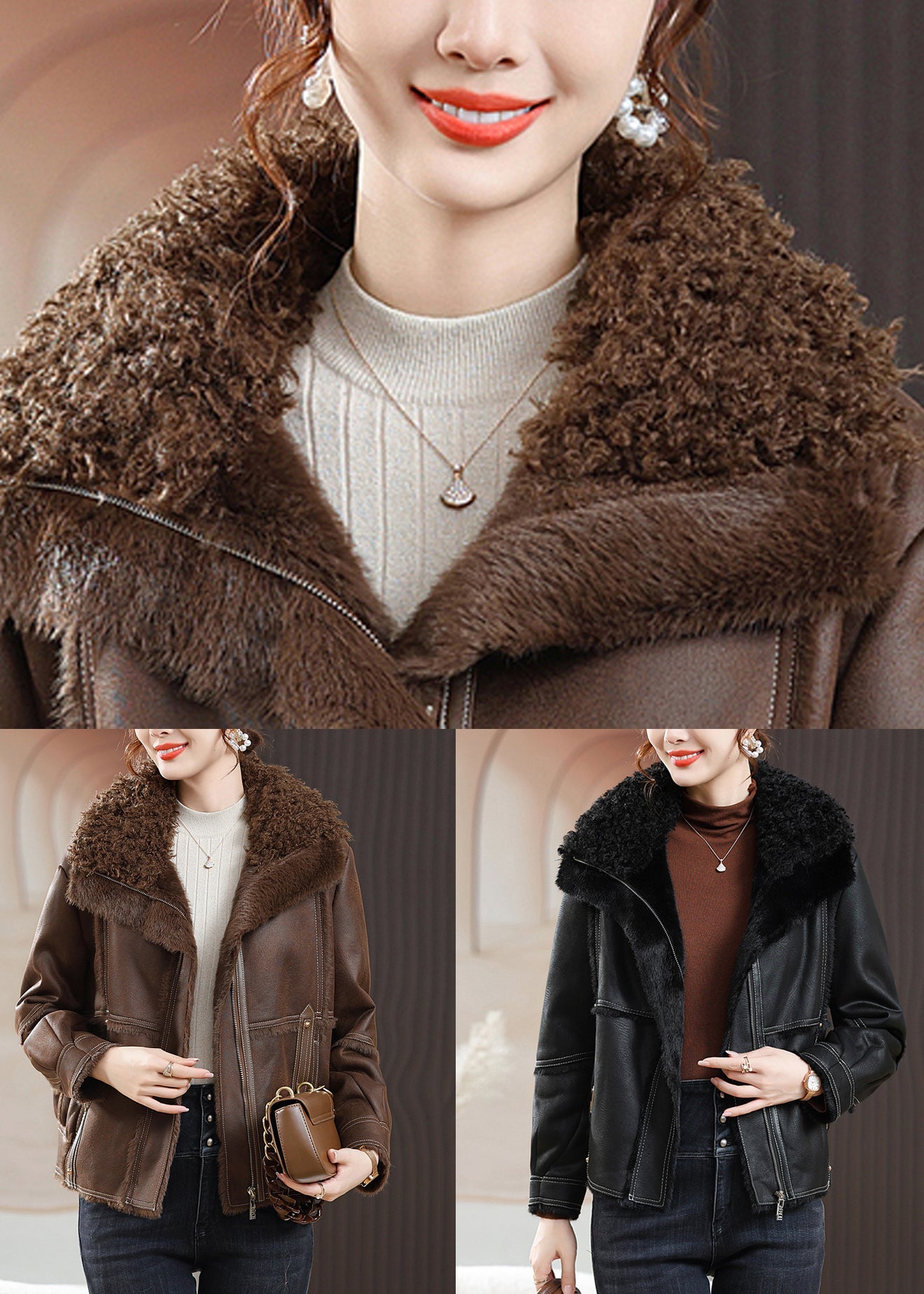 WW | Zipper Patchwork Fuzzy Fur Coats Fur Collar Long Sleeves