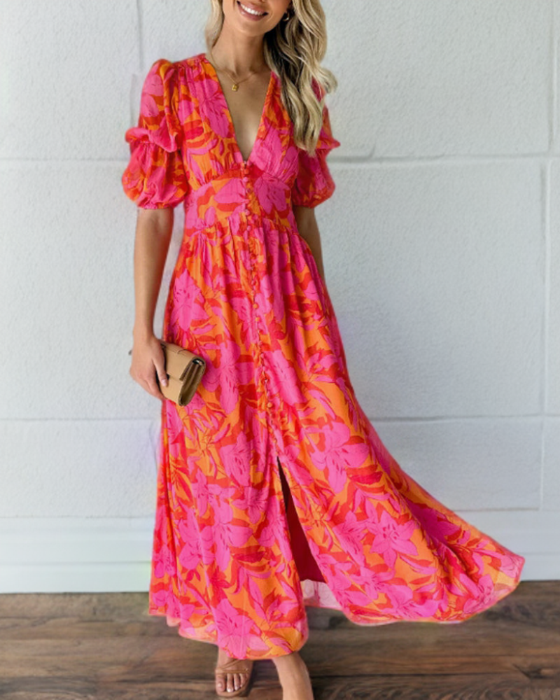 WW | Elegantes Kleid mit Puffärmeln und tiefem V-Ausschnitt Druck