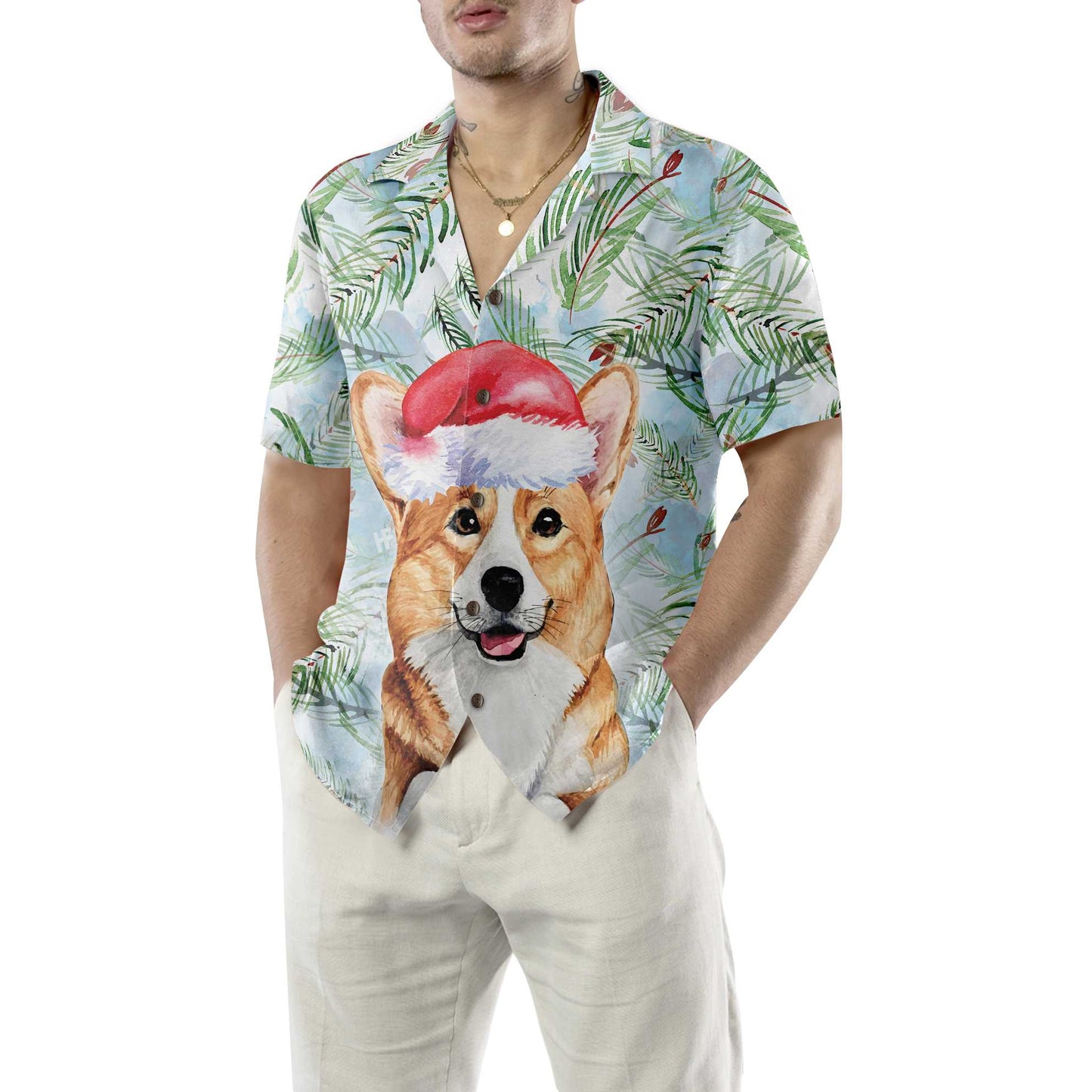 WW | Corgi mit Weihnachts-Tannenzweigen Muster Hawaiian Shirt, Corgi Weihnachts Shirt, Beste Weihnachtsgeschenk Idee