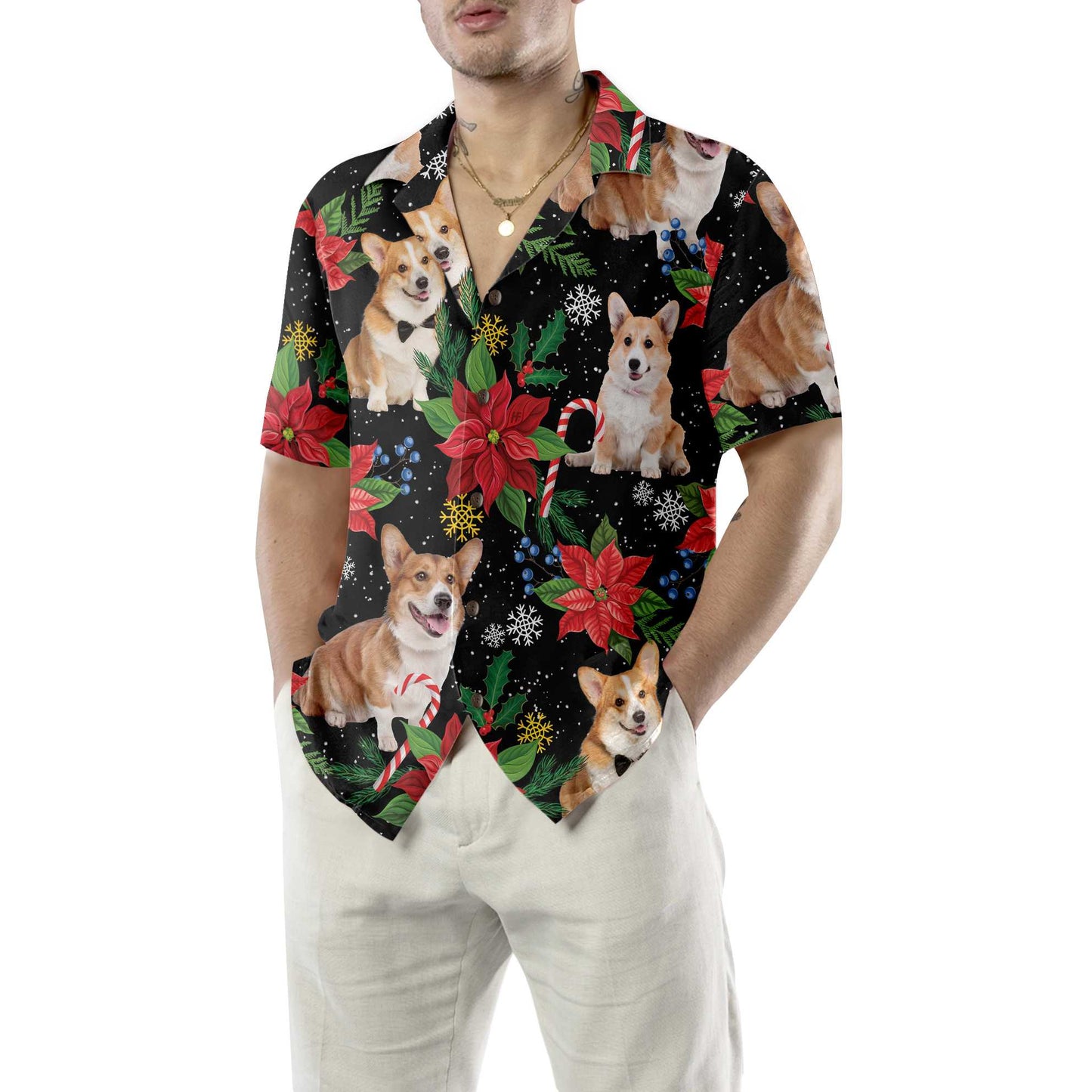 WW | Corgi mit Weihnachtspflanzen Hawaiian Shirt, Lustiges Corgi Weihnachtshemd für Männer & Frauen, Bestes Weihnachtsgeschenk