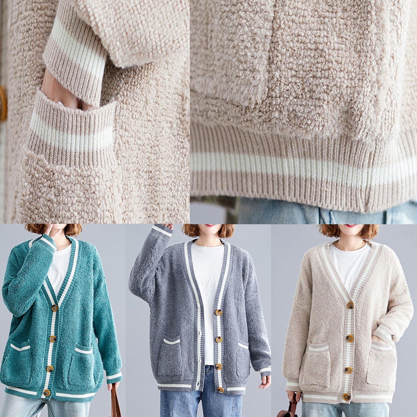 WW | große Taschen graue V-Ausschnitt Strickwaren Übergrößen Kleider gestrickte Jacken