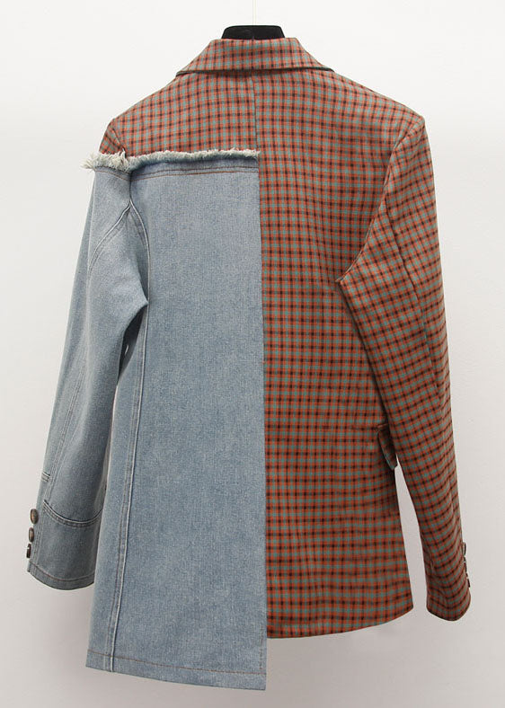 WW | Schwarze notch-Taschen asymmetrische Denim-Patchwork-Mäntel mit langen Ärmeln