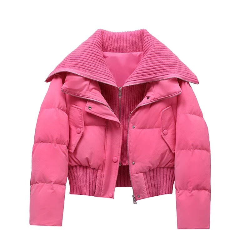 WW | Damen Kurze Puffer Winterjacke Gepolstert mit Rippstrickkragen