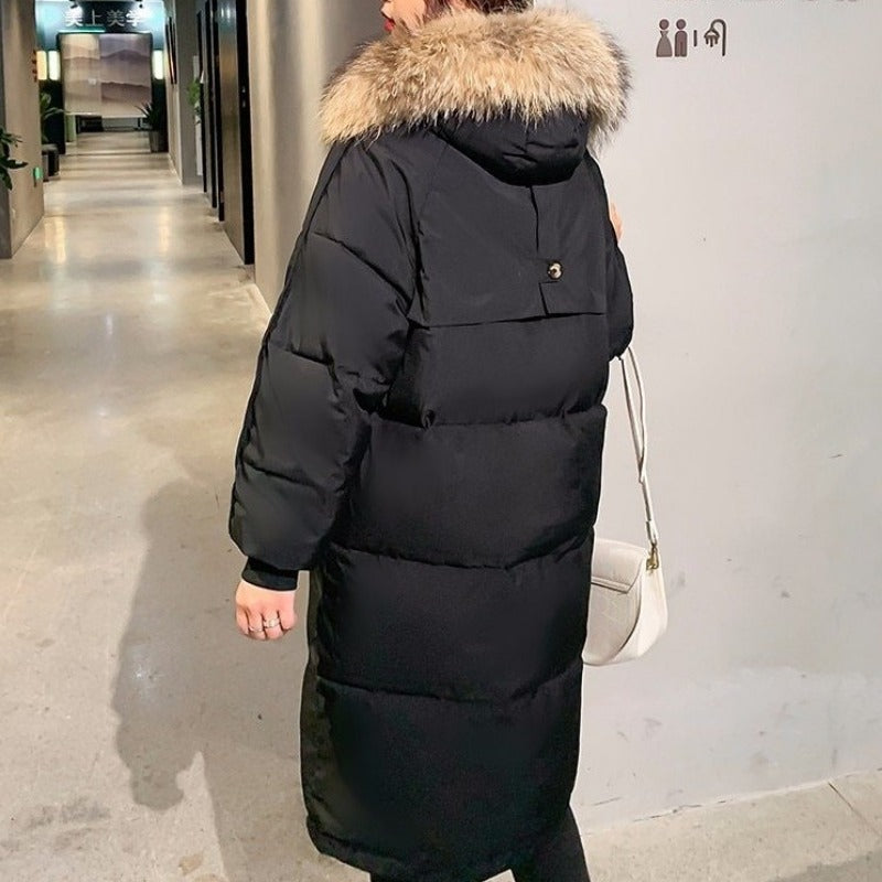 WW | Damen Lange Wattierte Pufferjacke mit Kapuze und Fellkragen