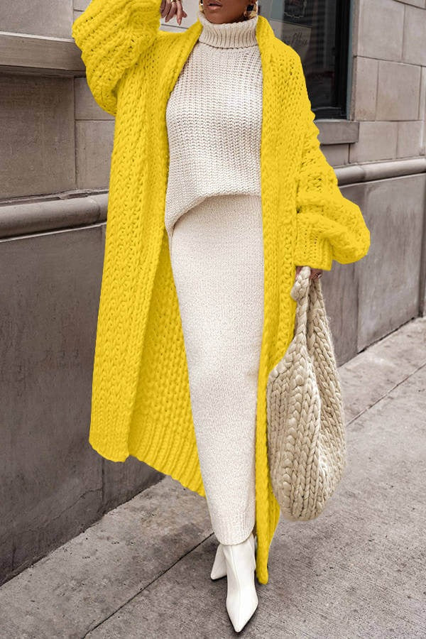 WW | Damen Oversized Gestrickter Cardigan Aus Wolle mit Langer Offener Vorderseite