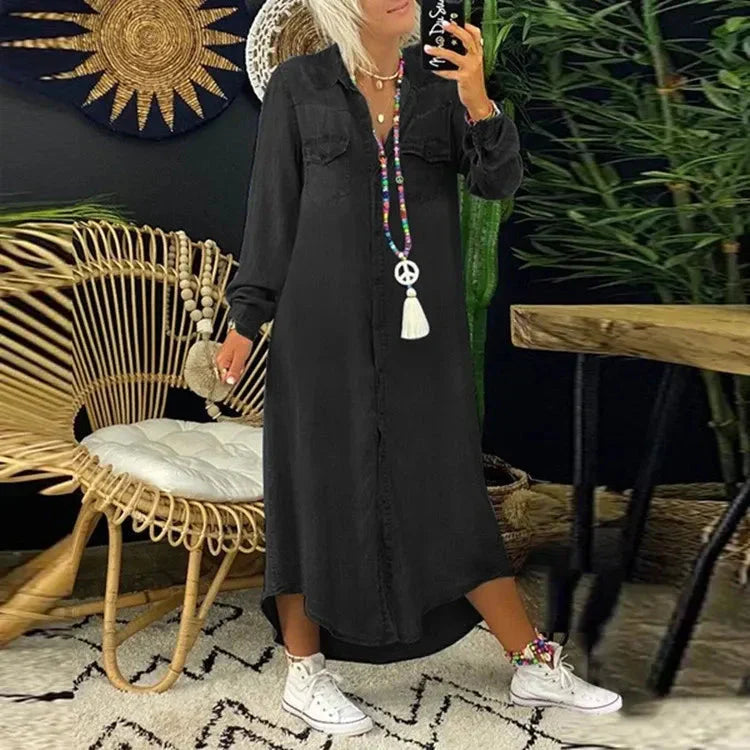 WW | Long-sleeved, loose-fitting, button-up Maxi Shirt Dress