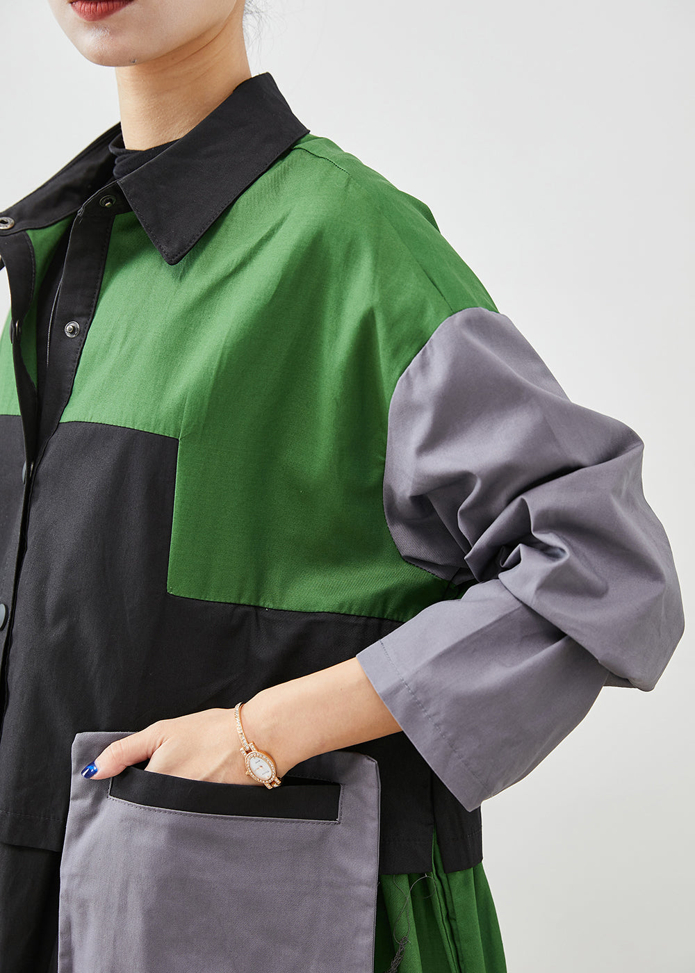 WW | Green Oversized Patchwork Pocket Cotton Coats