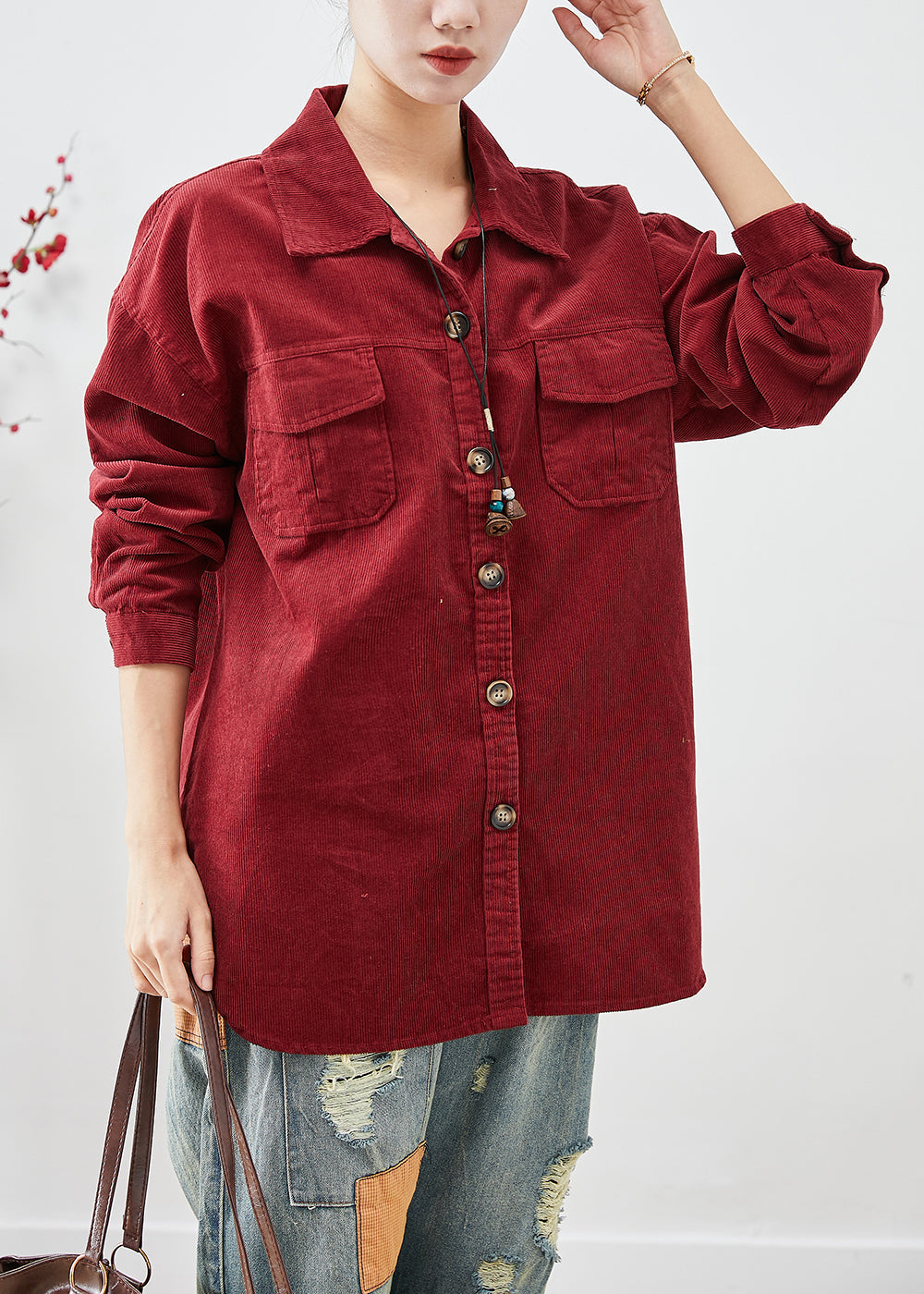 WW | Red Corduroy Oversized Shirt Jackets Button Closure