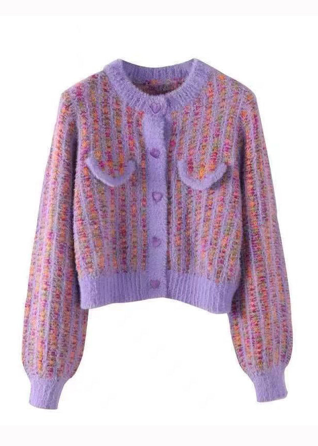 WW | Purple O-Neck Button Mink Hair Knitted Cardigans