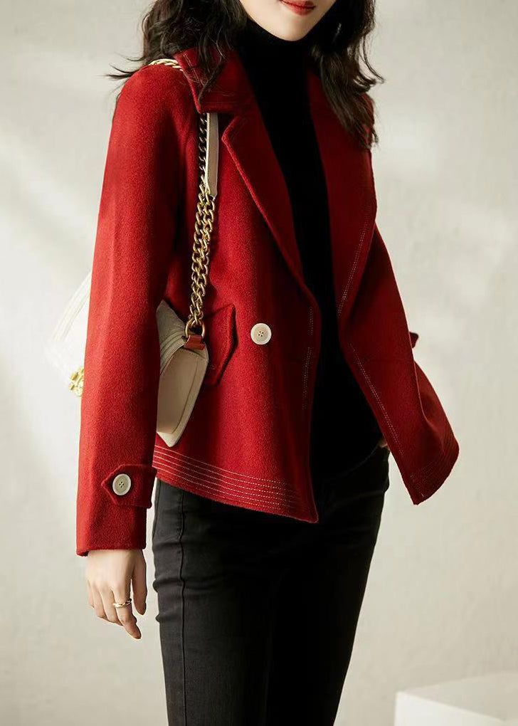 WW | Wine Red Peter Pan Collar Button Patchwork Wool Coats