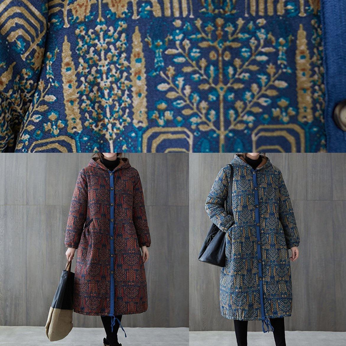 WW | Burgundy Print Oversized Overjacket Warm Hooded Jacket with Drawstring Winter Coats