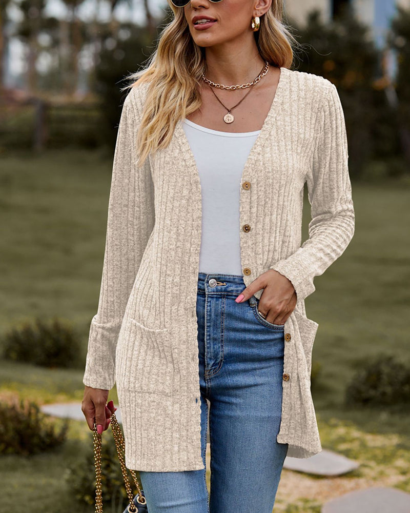 WW | Damen Lange Gestrickte Strickjacke mit Knöpfen
