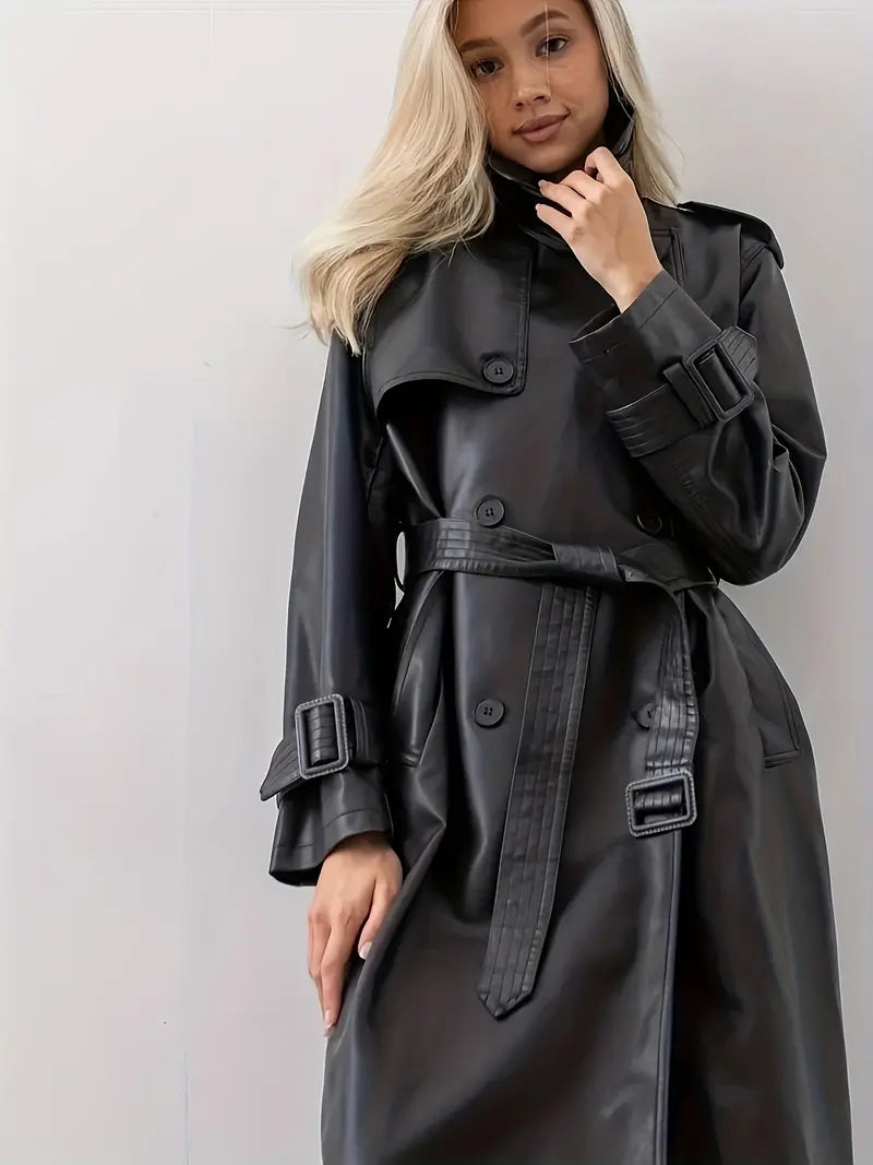 WW | Leder Trenchcoat Damen - Langer Trenchcoat Schwarz