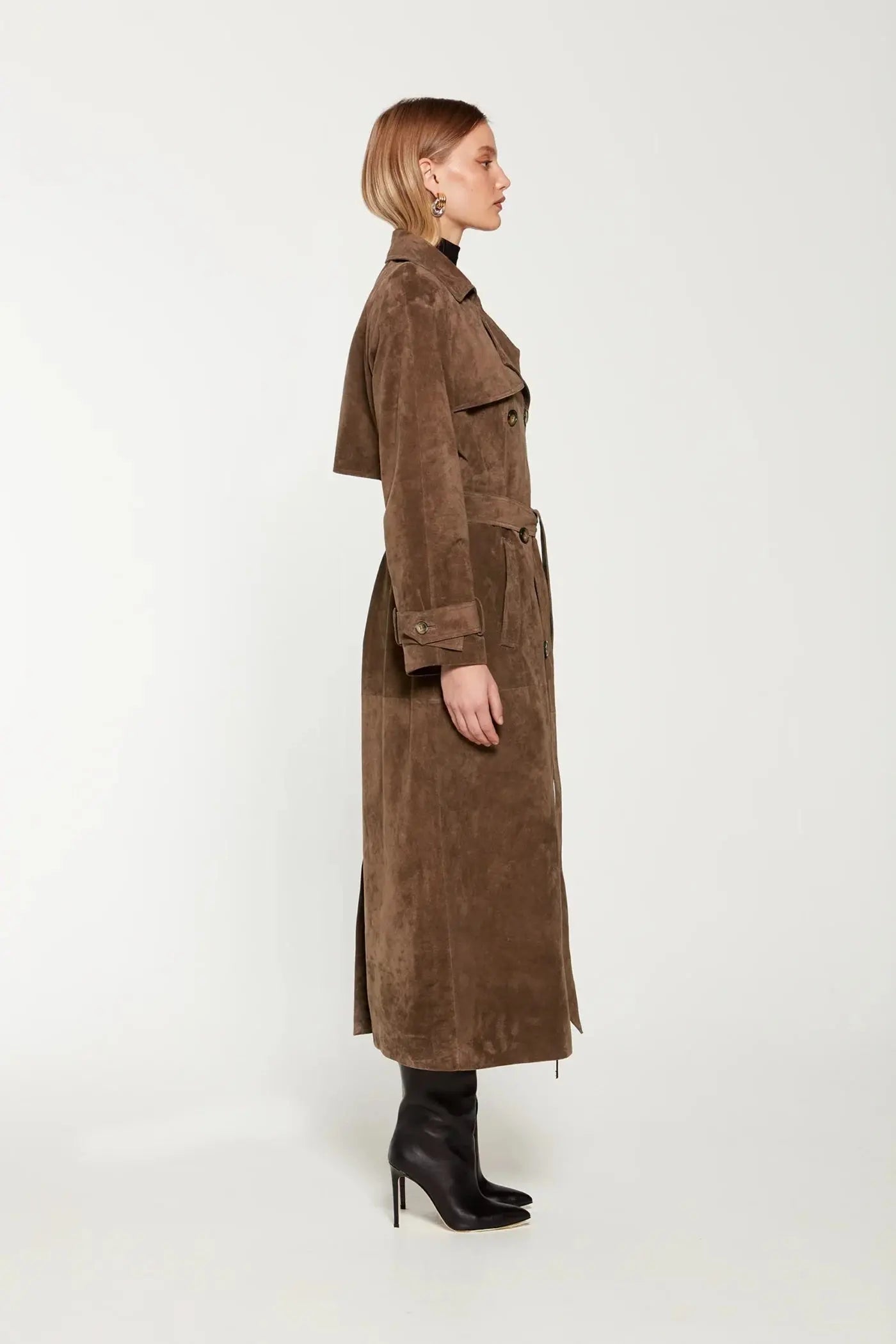 WW | Damen Wildleder Trenchcoat mit Taillengürtel und Doppelter Knopfleiste