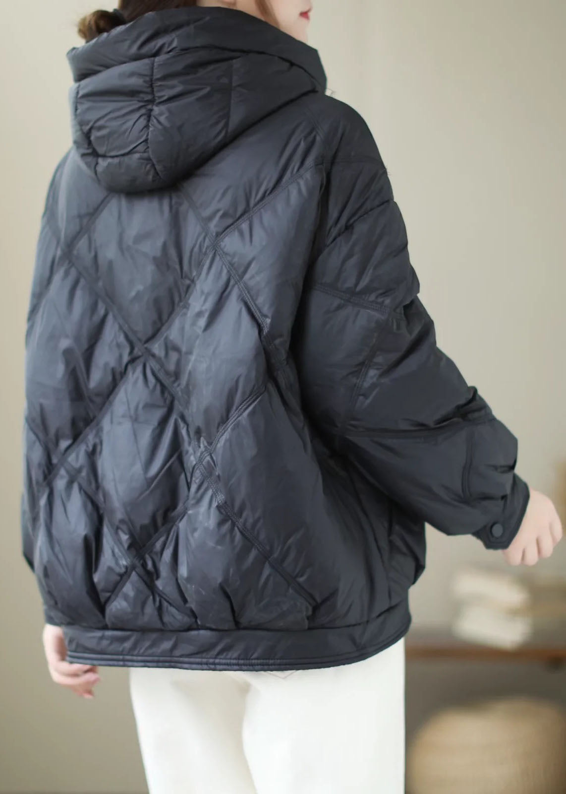 WW | Schwarze Kapuzenjacke mit Reißverschluss Lässige Winterente Daunenwintermäntel