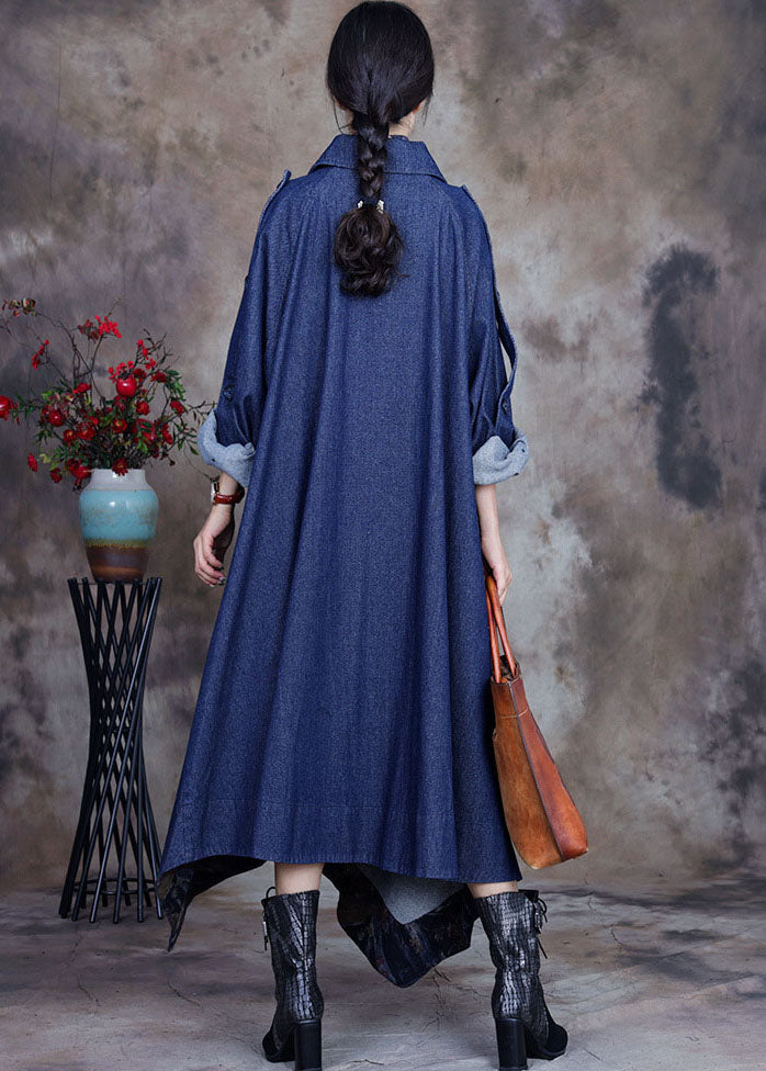 WW | Blauer asymmetrischer Design-Button Peter Pan Kragen Baumwoll-Denim-Trenchcoats