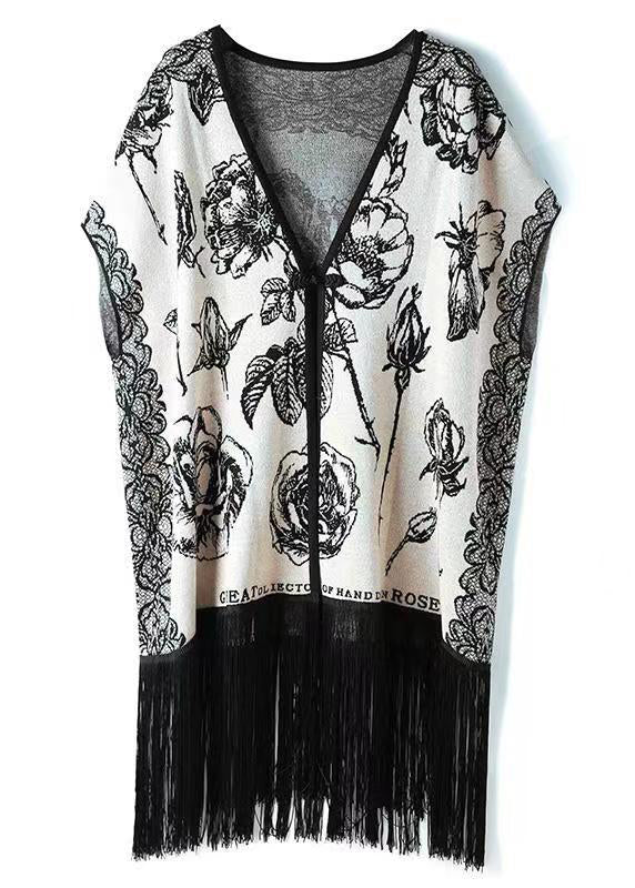 WW | Gray V-Neck Fringe Print Patchwork Cardigans
