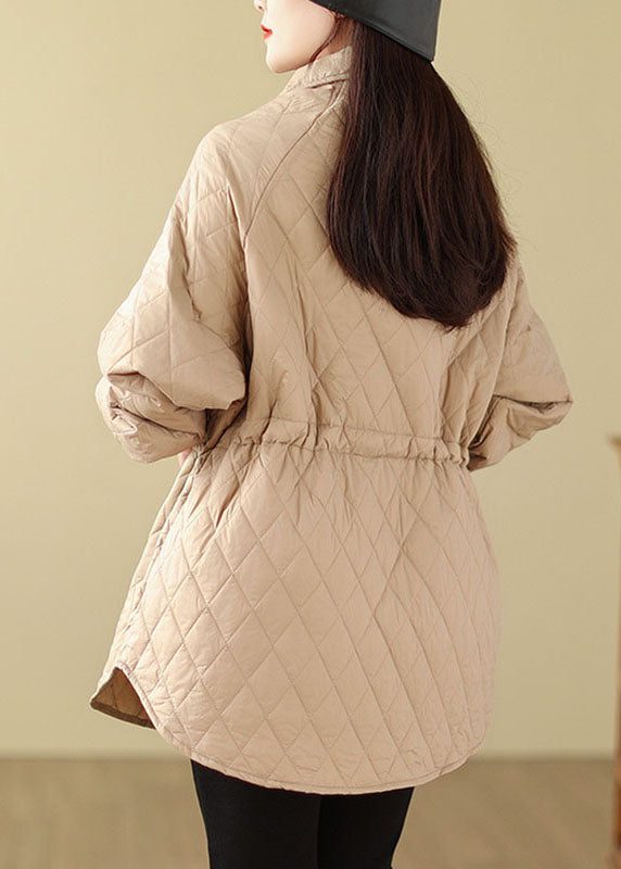WW | Khaki Stand Collar Drawstring Zip Pockets Solid Color Parka Coats Winter
