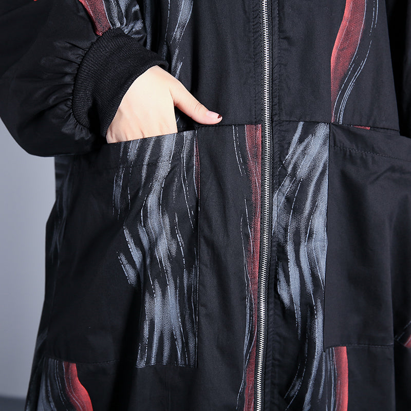 WW | black print coat oversized stand-up collar cardigans Elegant tailored baggy coats