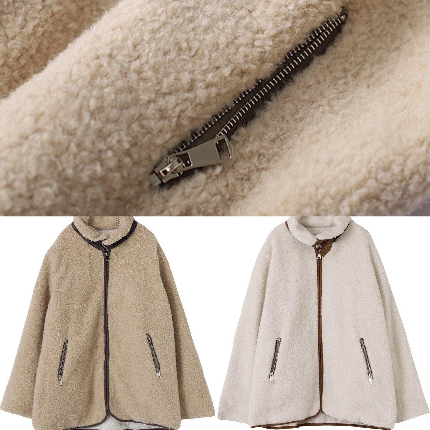 WW | White Wool Coat for Women Loose Fitting Coats with Zipper and Lapel Jackets