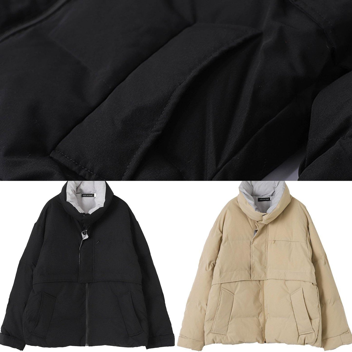 WW | Black Winter Outerwear Loose Jackets Stand-up Collar Patchwork Outerwear