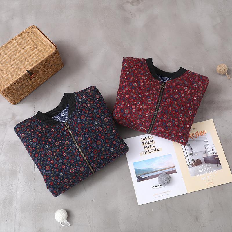 WW | Blue Floral Coats for Women Loose Fit Winter Jacket with Zipper Patchwork Round Neck