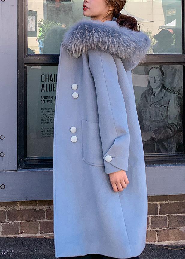 WW | oversized mittellange Jacken mit Kunstfellkragen wollene Oberbekleidung blaue Kapuzenwolljacke