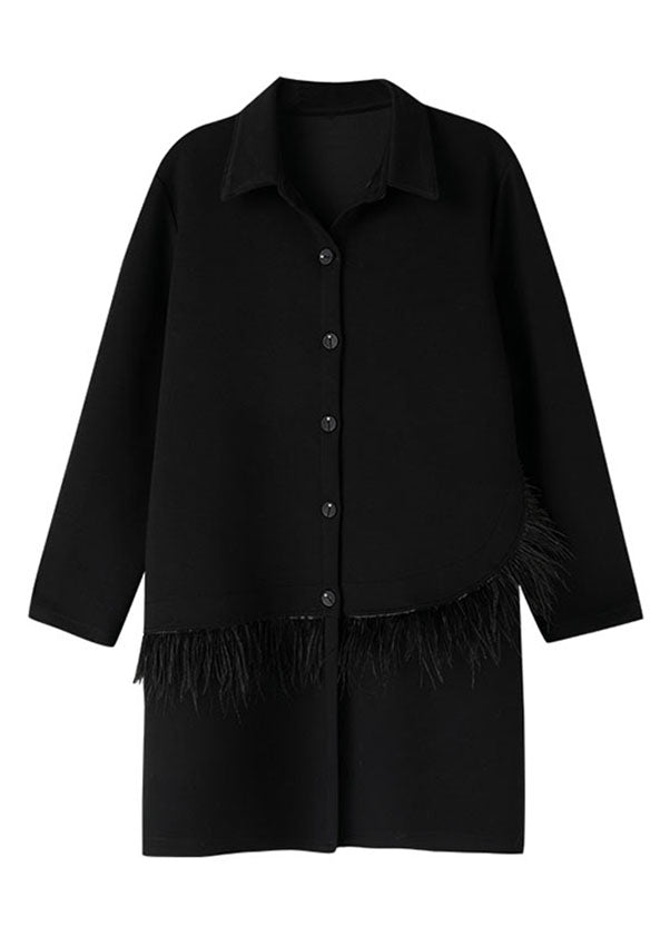 WW | Black Peter Pan Collar Tassel Patchwork Coats Long Sleeves
