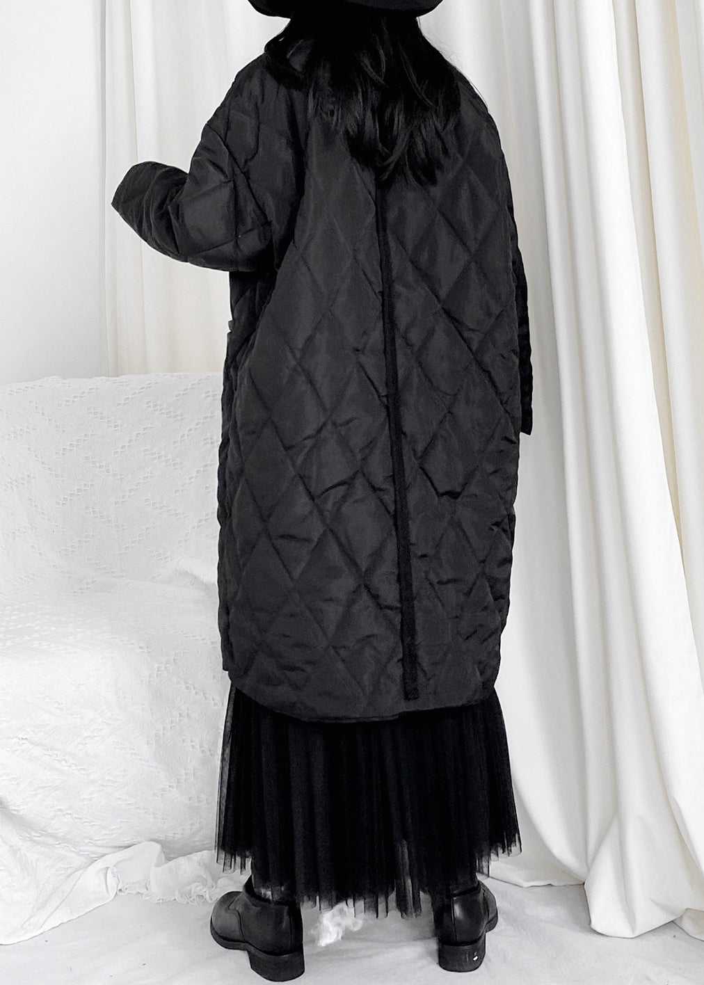 WW | Black Plaid Patchwork Pocket Long Down Jackets