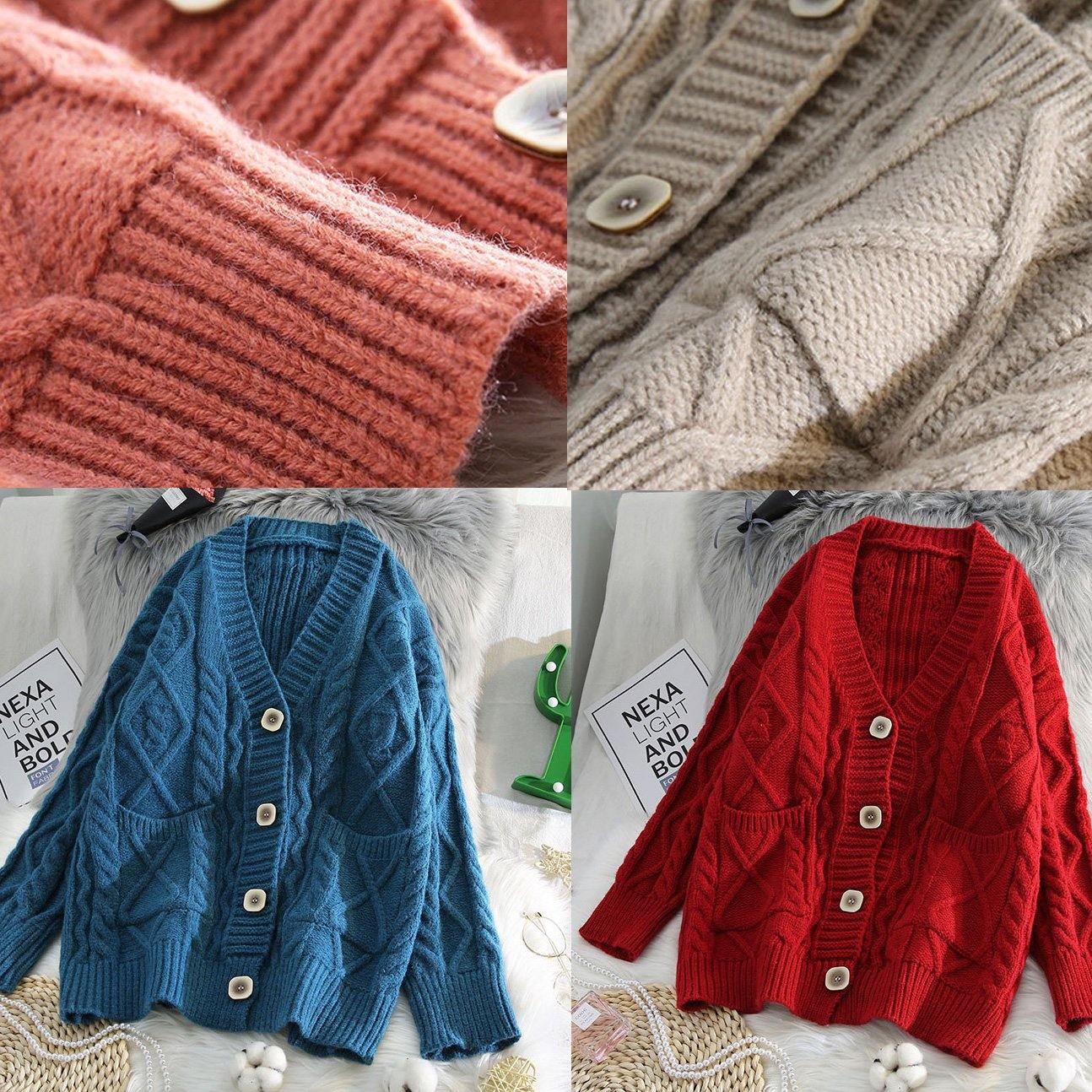 WW | V-neck Knit Outerwear Loose Fit Two-Pocket Blue Cardigans