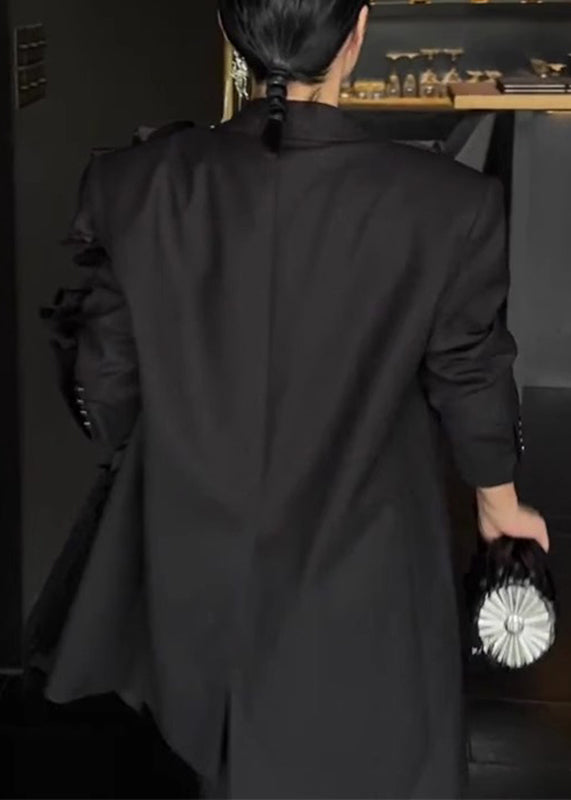 WW | Black Notched Asymmetrical Floral Coat Long Sleeves
