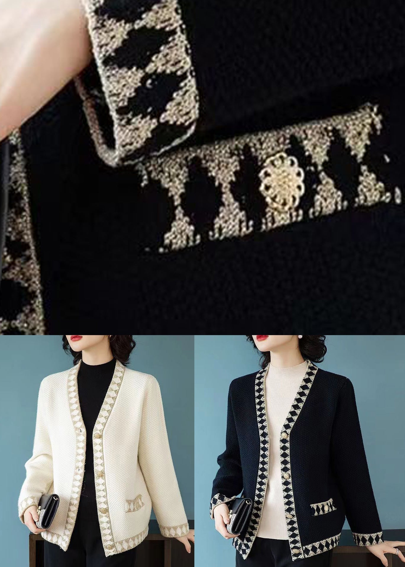 WW | Schwarze V-Ausschnitt Knopf Patchwork Strickmäntel