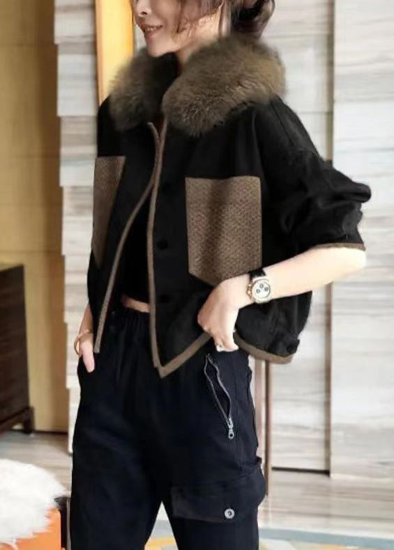 WW | Blue Fur Collar Button Patchwork Cotton Coats Winter