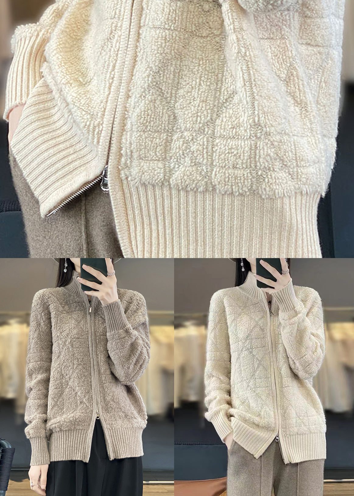 WW | Camel Zip-Up Patchwork Wool Coats