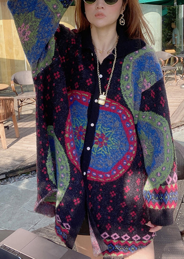 WW | Color Block Button Patchwork Cotton Knit Coats Long Sleeve