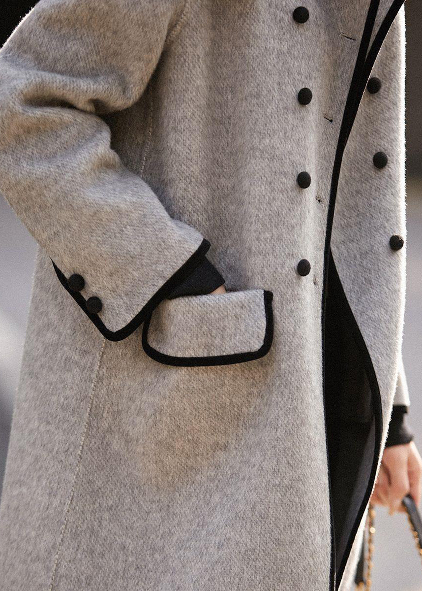 Monique™ - Französischer Grauer Doppelbrust-Patchwork-Trench aus Wolle Herbst
