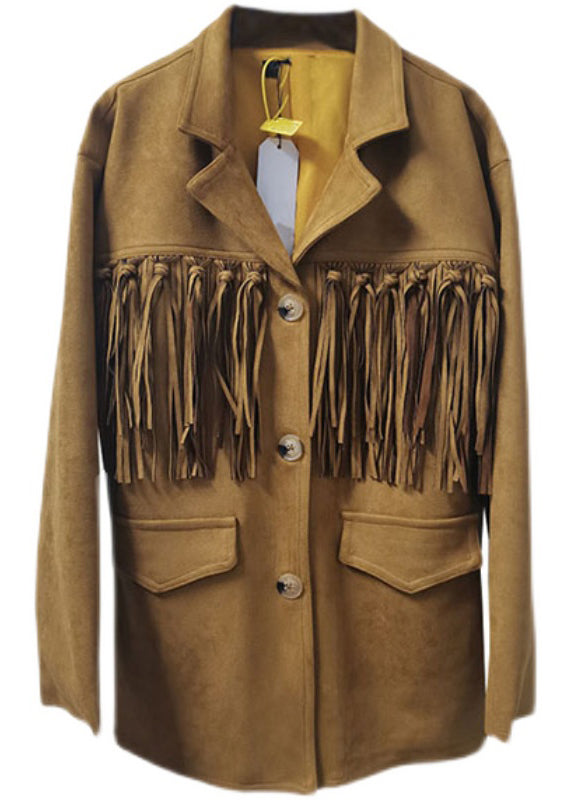 WW | Khaki Tassel Button Patchwork Faux Suede Coats