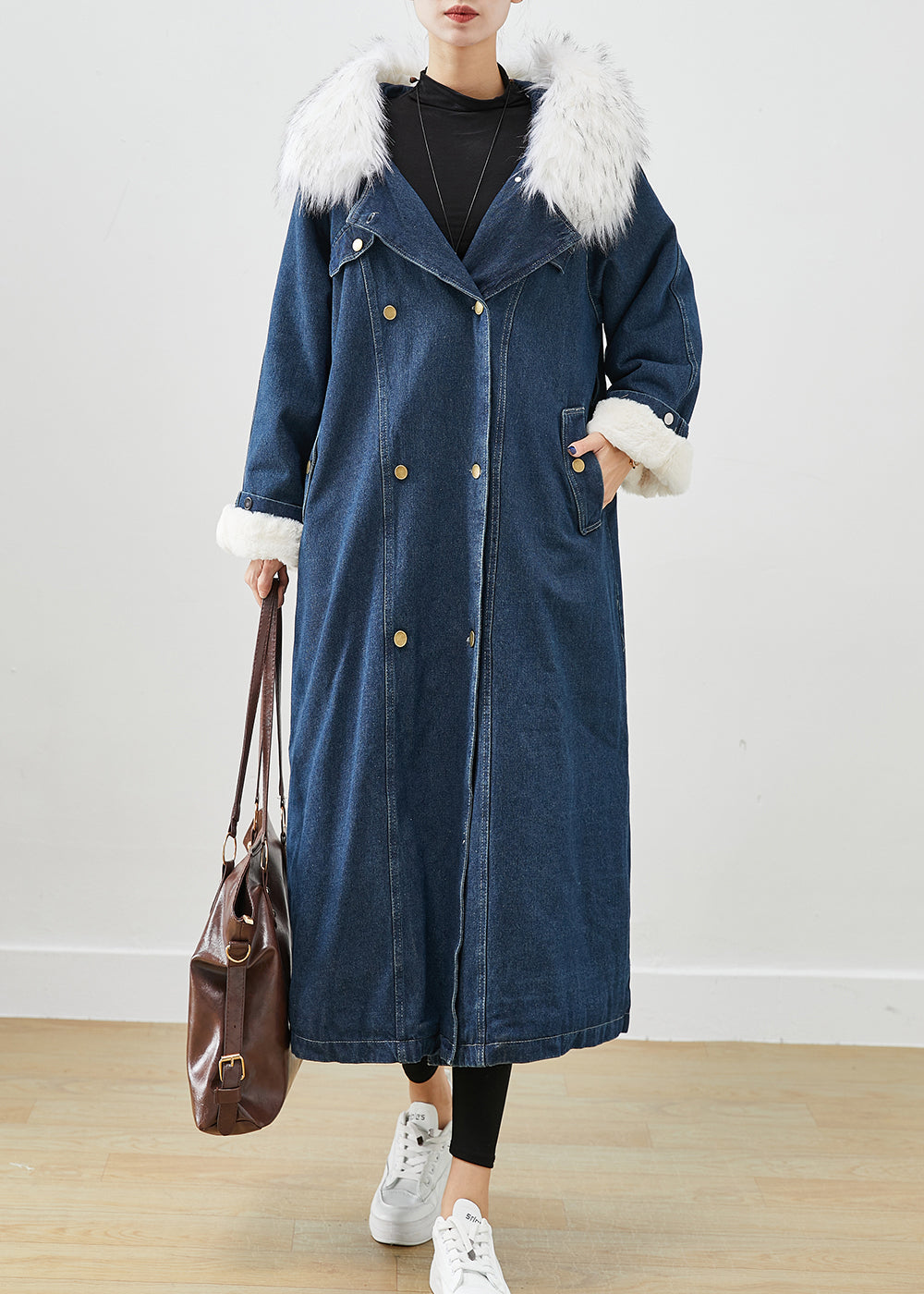 WW | Navy Fur Collar Thick Warm Fleece Denim Coats